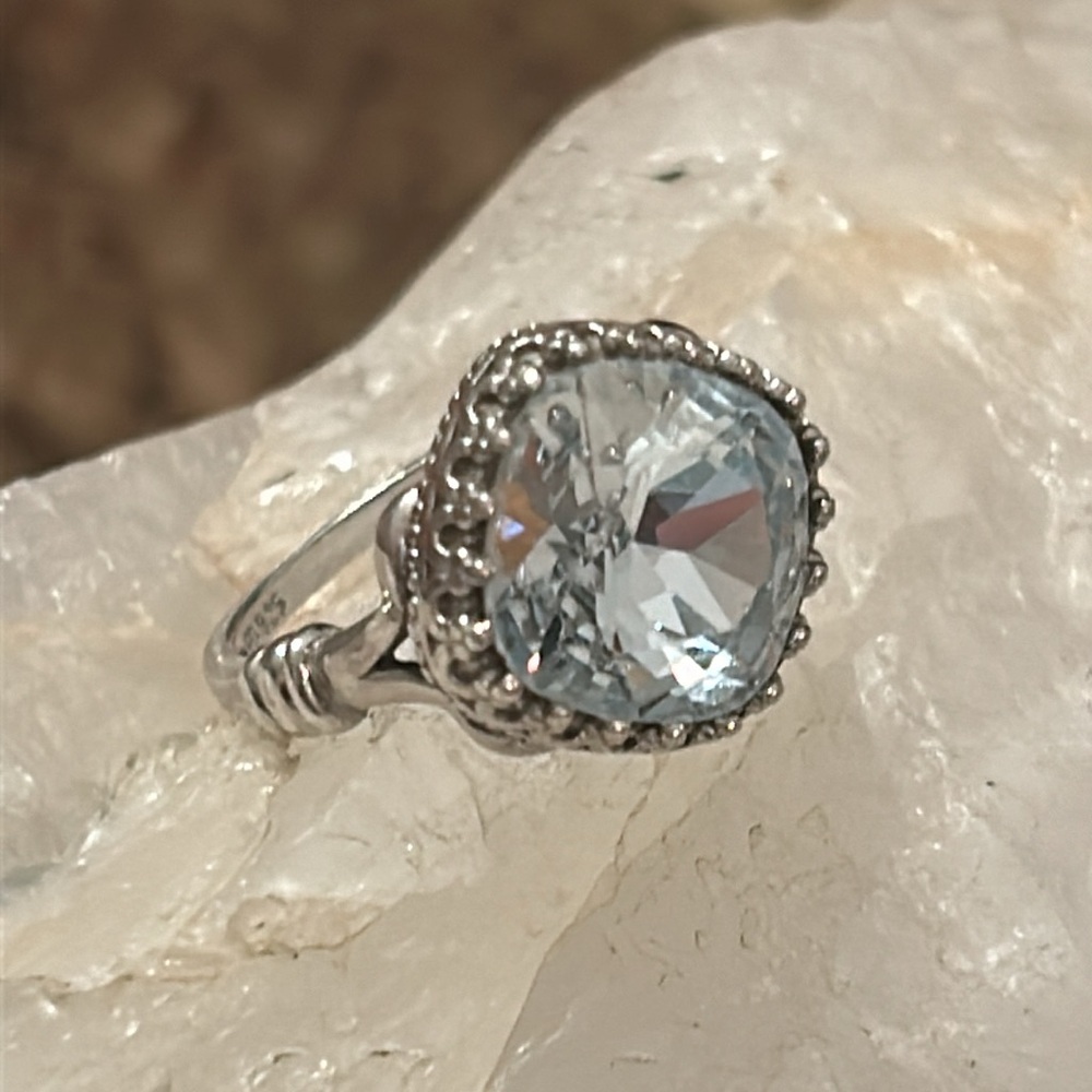 Sterling Silver Ring, Faceted Aqua Crystal Gem
